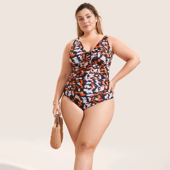 BloomChic Plus Size 4XL Brush Print Ties Tassel One Piece Swimsuit us 26 - Picture 4 of 7